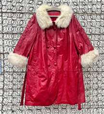 Vint 60s 70s Red Leather & Silver Fox Fur Collar Mrs Claus Christmas Trench Coat