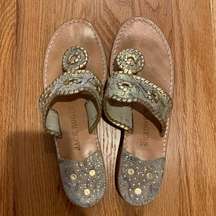 gold and navy printed  sandals