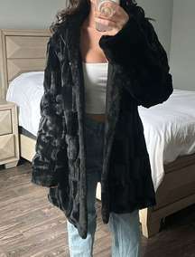 Dennis by Dennis Basso Black Faux Fur Hooded Coat Mob Wife Aesthetic