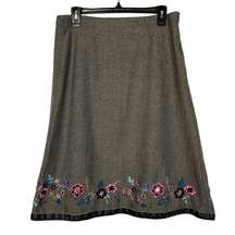 Coldwater Creek Tweed skirt Floral Embroidery Tan Green Velvet Trim Small