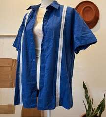 Vintage Blue Flax Cotton White Lace Trim Button Front Oversized Shirt