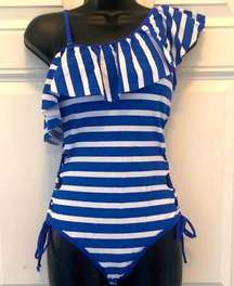 NWT BEACHSISSI blue and white striped one piece swimsuit - small