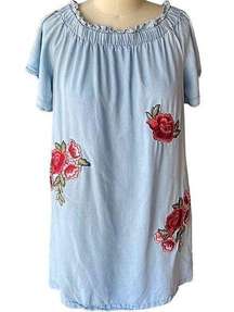 Boho Denim Embroidered Flowers Dress On or Off Shoulder ANA ~ Women's Size LARGE