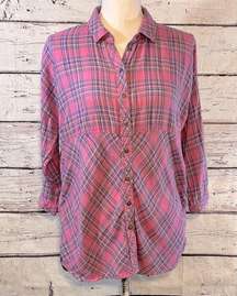 C&C CALIFORNIA Button Down Shirt 3/4 Button Up Sleeves Pink Plaid-Medium