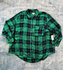 Plus Size Boyfriend Sparkle Emerald Green Plaid Button Down 3X