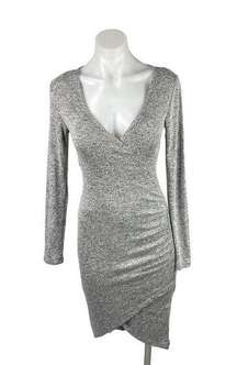 Trendyland Heather Gray Knit Deep V Neck Long Sleeve Bodycon Midi Dress Size XS