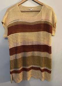 Women's C Est 1946 Plus Sz 18-20W Striped Open Knit Cap Sleeve Sweater Top Boho