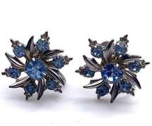 Vintage Blue Rhinestone Swirl Snowflake Screw Back Earrings clip on