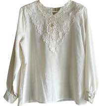 Vintage Kathy Che Blouse Long Sleeve Laced Beaded 100% Polyester Ivory White 12