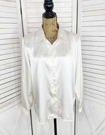 Susan Graver Vintage Satin Button Front Blouse Ivory White Medium Long Sleeve