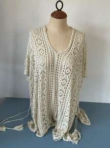 Womens crochet top size M poncho style tan sheer side tie