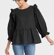 Universal Thread Embroidered Peplum Long Sleeve Ruffle Blouse Size Large