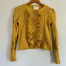 Industry Yellow Pearl beaded ruffled front ribbed knit sweater Small Fall