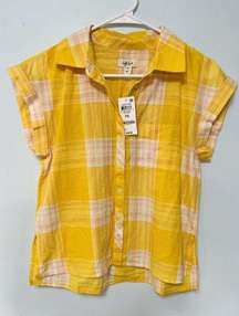 Style & Co Womens  Short Sleeve Plaid Camp Shirt Daisy Daze Yellow Size PS