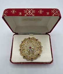 Gold And Red Holiday Round Stick Pin Pendant In Box