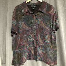 Style and Co, 22W button collared top, short sleeves, brown blue, maroon paisley