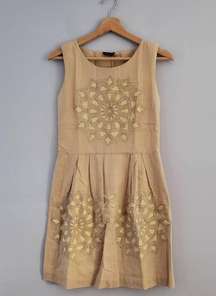 Splash Sleeveless Cotton Linen Blend Floral Embroidered Beige Sundress 10