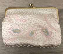 LTD beaded clutch white pink feather vintage