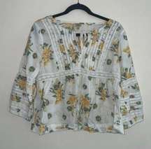 True Craft White and Yellow Floral Print Lace Trim Blouse Shirt