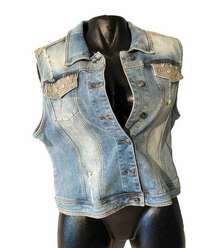 BKE Womens Jean Vest XL Denim Crop Bling Distressed Heavy Stitching 98Cotton 2%