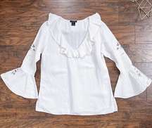 NATORIous • linen blouse ruffle popover eyelet cut out Natori luxury cream white