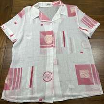 Vintage Size XL Sheer Button Up Geo Print Short Sleeve Women’s Shirt