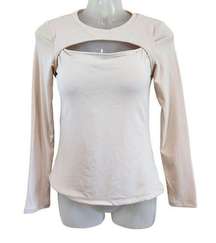 Klassy Network Peek a boo Long Sleeve Shirt Cream Built in Bra Brami Size Medium