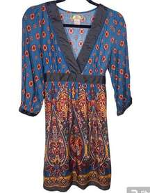 Boho Floral Dress 100% Viscose Rayon Blue Orange Womens Size Small