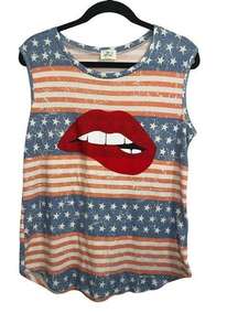 Blue Buttercup Stars and Stripes Red Lips Sleeveless Oversized Tee sz. S Rare