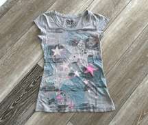 Sz S Adorable Tee T-Shirt Top Gray W Sparkles & Stars