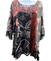 John Mark Womens Top Sz L Tunic Mixed Media Boho Artsy Art2Wear Flowy Floral