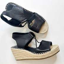 Eileen Fisher Agnes Slip On Espadrilles Wedge Sandals Black Leather Women's 7