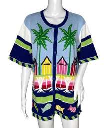 Quacker Factory Sweater Women Large Blue Palm Tree Beach Coastal Cruise Novelty