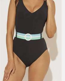 Bleu Rod Beattie Belted Black Tank One Piece Swimsuit Black 12 NWT