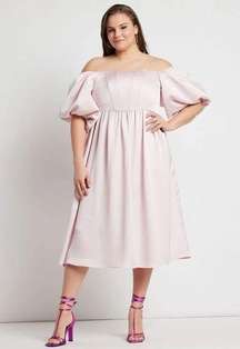 Eloquii Off Shouler Satin Puff Sleeve Midi Dress Size 16 NWT Pink