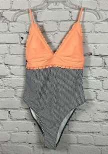 Beachsissi One-Piece Swimsuit Peach Ruffled Black & White Stripes S (4-6) NWT