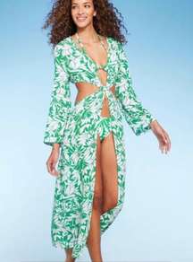 Long Sleeve Twist Front Cutout Maxi Coverup Dress Green White L