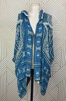 RAGA Pom Trim Hooded Poncho Kimono Blue