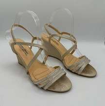 Badgley Mischka American Glamour Gold Glitter Rhinestone Strappy Wedge Sandals