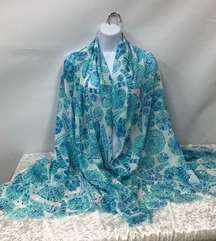 Lilly Pulitzer scarf blue sea urchins gold sequins fringe wrap sarong wrap