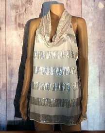 White House Black Market Cream Sequin Cowl Neck Sleeveless Tunic Tank Top Large