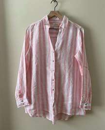 C&C California 100% Linen Striped Button Down Shirt Top Pink White Size M