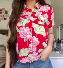 Red Floral Hawaiian Button Down Shirt