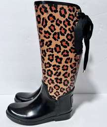 Coach Tristee Leopard Animal Print Lace Up Knee High Rubber Rain Boots Size 7B