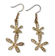 Gold tone rhinestone floral dangle earrings, daisy flower fashion jewelry