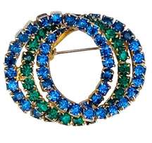 Vintage Blue and Green Rhinestone Circles Brooch Pin