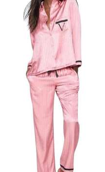 Victoria's Secret Women's Medium Satin PJ Set Logo V Pink Black & White Striped