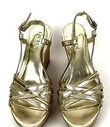 NEW LAUREN  Gold Metallic Leather Platform Wedge Sandals Women's 8 B