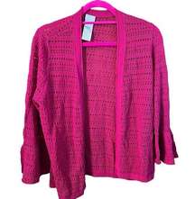 NWT Chico's Crochet Knit Cardigan Sweater Womens  Size 1/M Pink 3/4 Bell Sleeve