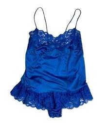 80s Vintage Blue Julianna Nylon and Lace Playsuit, teddy, romper size Med